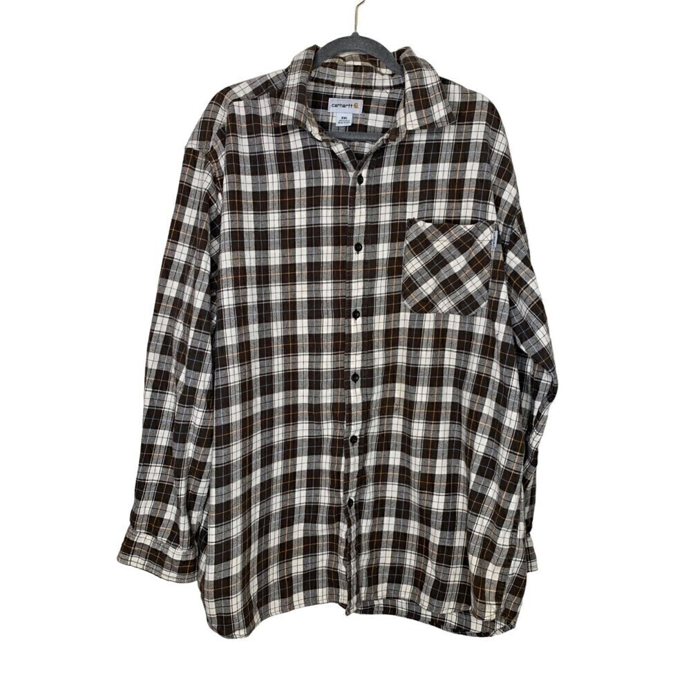 Carhartt Men’s Button Down Flannel Shirt Long Sleeve Brown Orange Plaid Size XXL